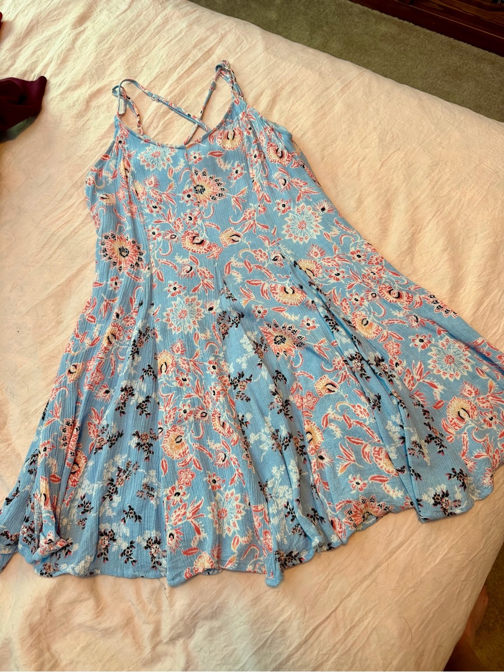 Altar’d State Blue Floral Boho Dress Size Small | Crisscross Back Swing Dress